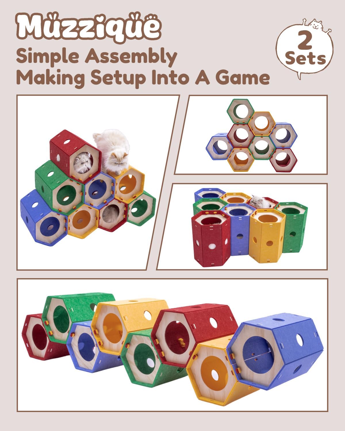 Cat Tunnel Bed, for Indoor Cats, DIY Transformable Pet Tunnel Tube, 8 Way Hiding Large Washable Kitty Play Toy, Puppy Circle House, Expandable Hideaway Peekaboo Kitten/Rabbit Cave, Hideout Cube, 1 Set