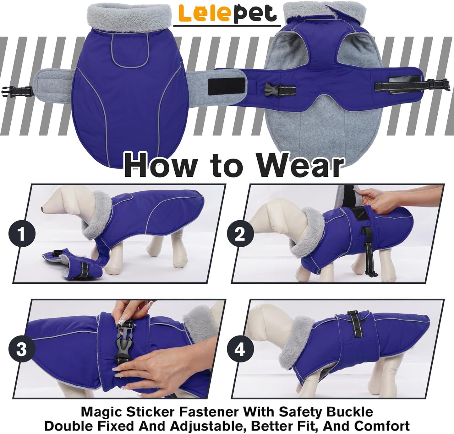 Lelepet Warm Dog Winter Coat Waterproof Dog Jacket with Adjustable Buckle & Leash Hole Reflective Pet Fleece Snowsuit Turtleneck Windproof Cold Weather Coats, Blue, M