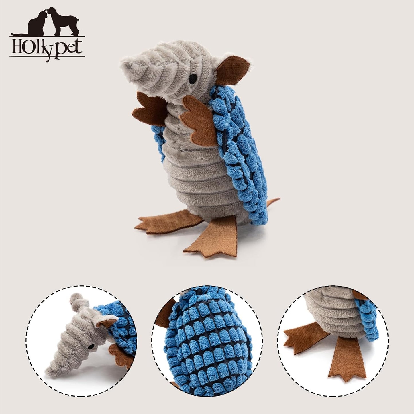Hollypet Plush Dog Squeaky Toy Stuffed Armadillo Animal Pet Puppy Chew Toys with Clean Teeth for Small Medium Large All Breed Sizes Dogs, Blue, 6 in