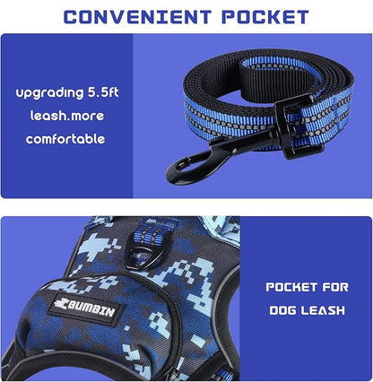 BUMBIN Dog Harness for Large Dogs, No Pull Adjustable No Choke Pet Vest with Dog Leash Fit Smart Reflective Pet Walking Harness for Training Easy Control Soft Handle Denim Blue S