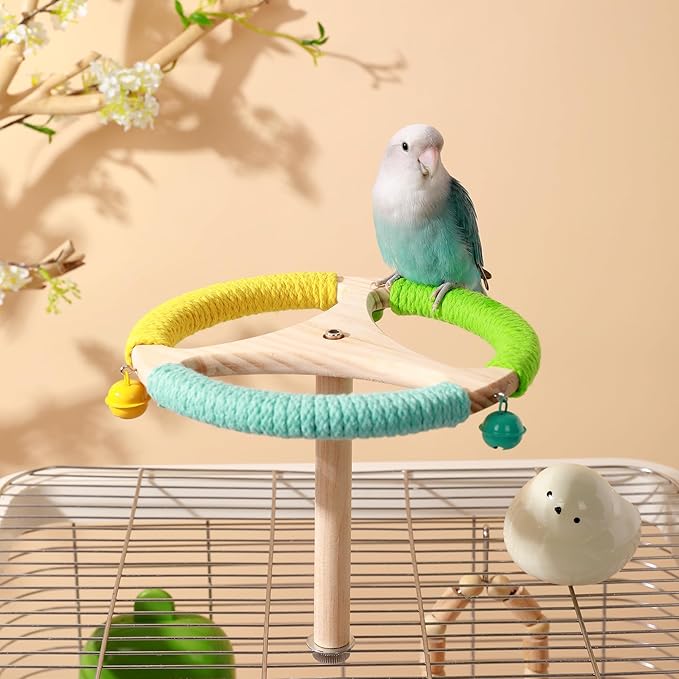 360° Interactive Rotating Bird Perch Toy with Bell - Natural Wood Spinning Cage Accessory for Parakeets, Budgies, Lovebirds, Cockatiels, Conures, Finches and Small/Medium Birds