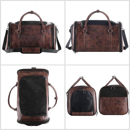 Stylish Leather Pet Carrier for Small Dogs and Cats Up to 15 lbs, Airline Approved Lightweight Travel Tote with Breathable Mesh and Shoulder Strap Coffee