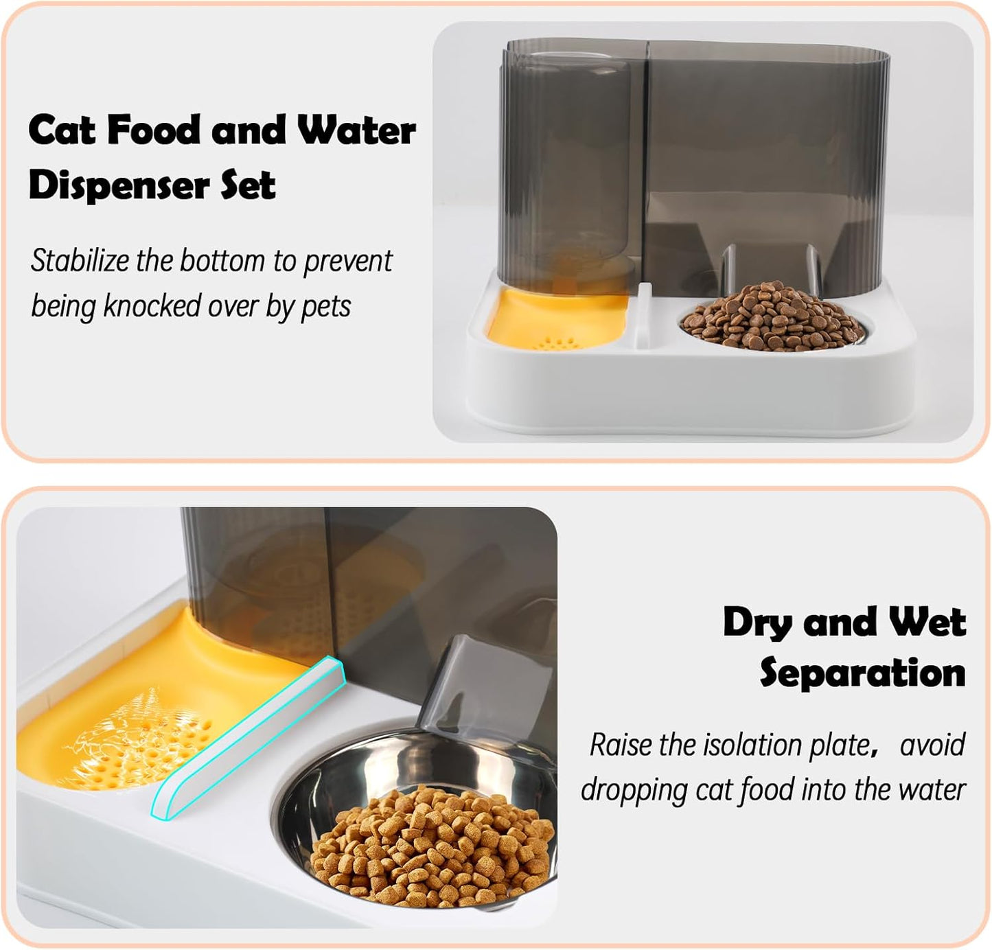 2 in 1 Automatic Cat Feeder and Water Dispenser Combo,All-in-One Dog Food and Water Dispenser Set with Stainless Steel Food Bowl Detachable Gravity Feeder for Cat Kitten Small Dog(Yellow)