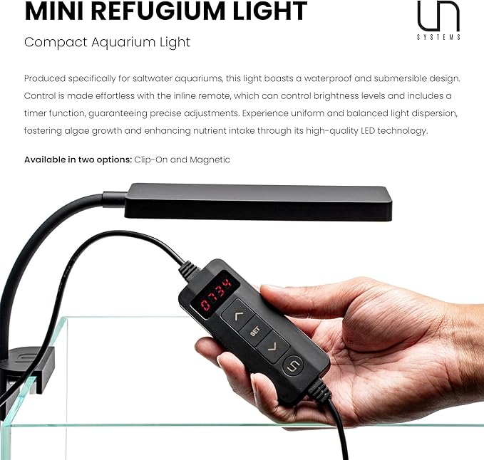 Ultum Nature Systems Refugium Light - Small Customizable Submersible Aquarium LED Lamp w/Inline Timer, Full Spectrum Grow for Chaeto Macro Algae Saltwater Reef Tanks - Clip On