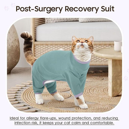 DENTRUN Cat Clothes for Hair Control with Hair Sticky Fabric - Soft Recovery Suit & Breathable Lint-Resistant Cat Sweater for Cats Only, Kitten Onesie Pajamas, L, Bean Green