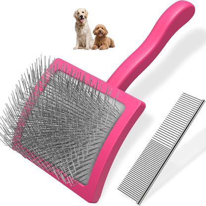 2PCS Slicker Brush for Dogs & Pet Comb,Professional Dog Grooming Brush (Goldendoodles,Poodles,Labradoodles) with Extra Long Pins to Effectively Remove Tangles, Knots and Mats (Pink Large)