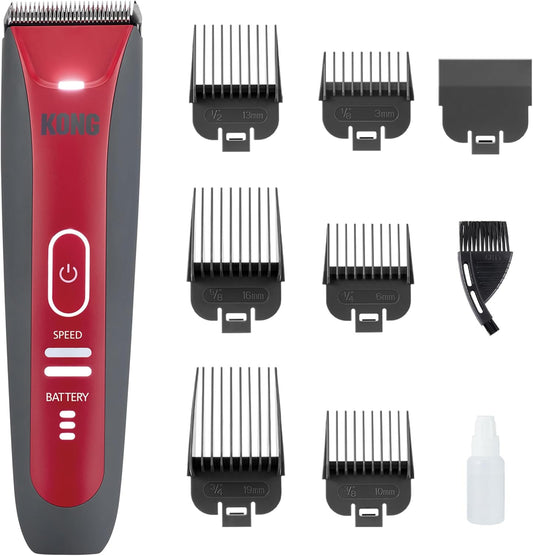 KONG 2-Speed Cordless-Corded Dog Clipper Kit – Stainless Steel Blade, Waterproof, LED Spotlight, Use-While-Charging, 6 Guide Combs, Ergonomic Handle – Red/Gray, Medium Coat Types