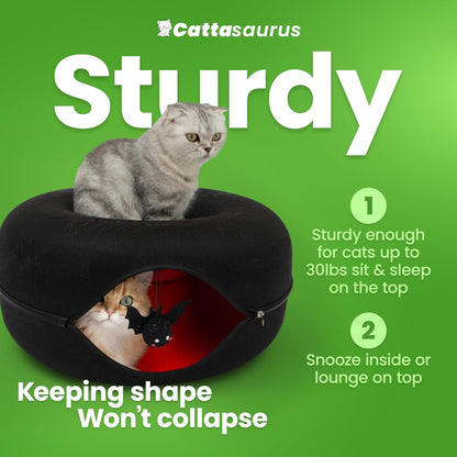 Cattasaurus Unique Peekaboo Cat Cave for Multiple & Large Cats Up to 30-45 Lbs, Scratch Detachable & Washable Tunnel Bed, Gothic Bat Donut Cat Cave (Duo Large Set)