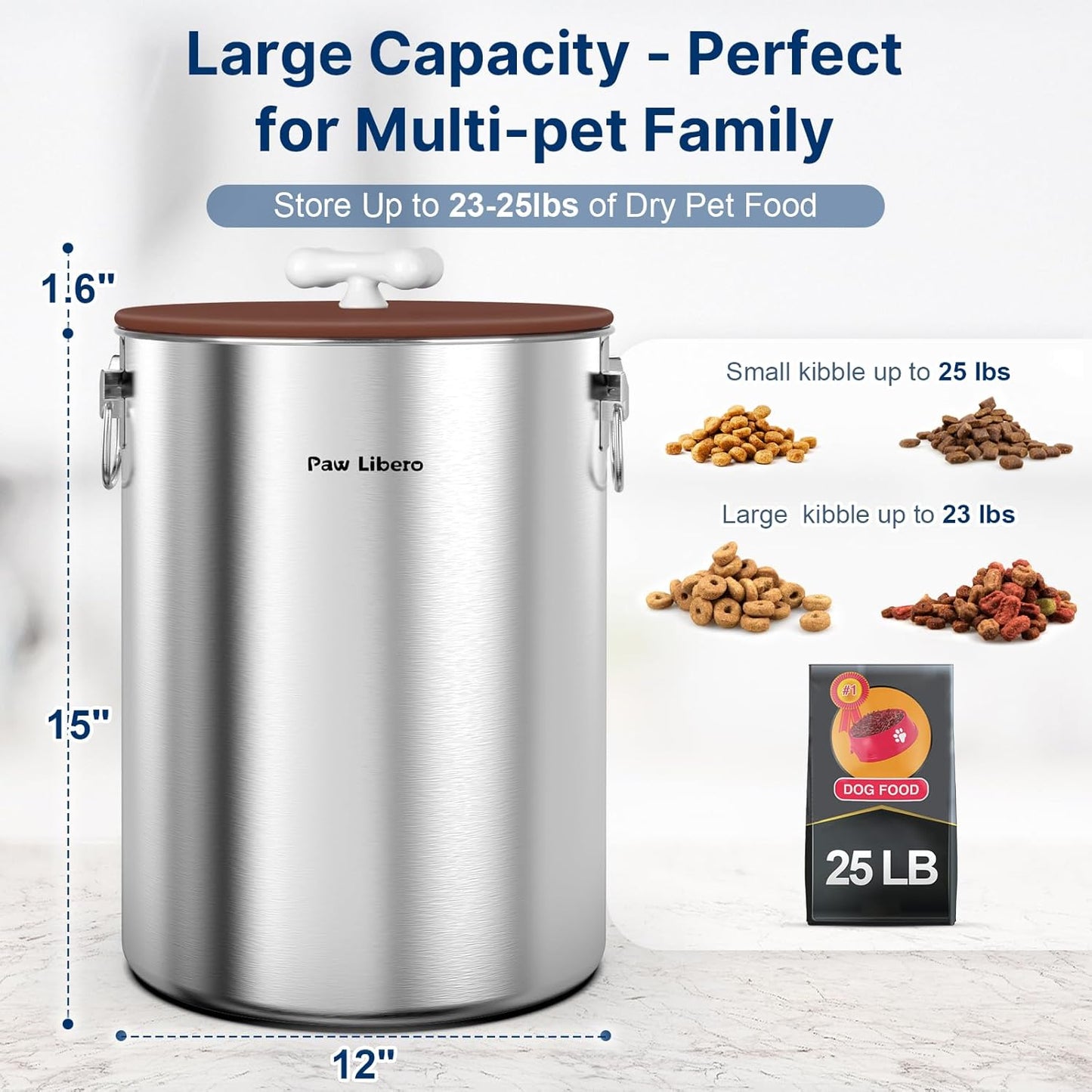 25 Lbs Stainless Steel Dog Food Storage Container with Airtight Lid & Ceramic Bone Handle, Large Metal Dog Food Bin for Dogs & Cats, Keep Fresh, Easy to Clean