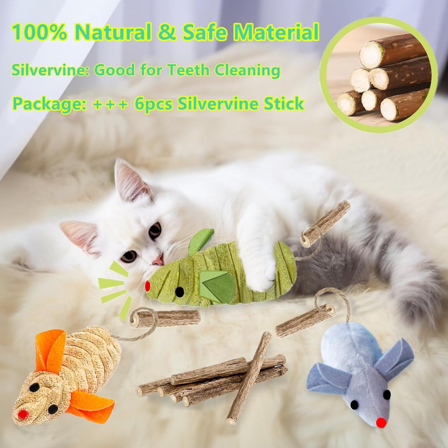 9Pcs Cat Toys, 3X Squeak Mice Catnip Toys for Indoor Cat + 6X Silvervine Chew Stick Dental Chirping Mouse Plush Kitten Stuffed Toy Cleaning Teeth Matatabi Bite Interactive Cat Gifts Kitty Toy