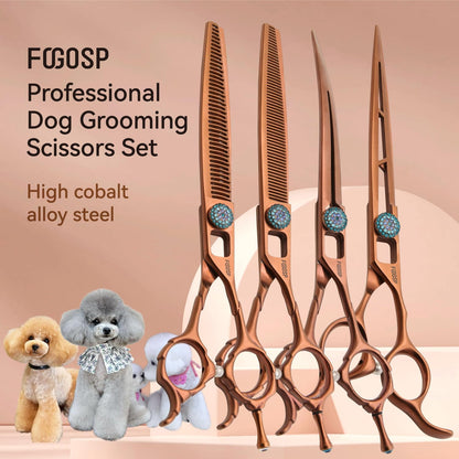 7'' Dog Grooming Scissors Set 4PCS Curved Thinning Straight Chunkers Shears Kit with Hollow Out Design Ergonomic Offset Handle High Cobalt Alloy Steel Sharp and Durable(7, Chocolate Kit)