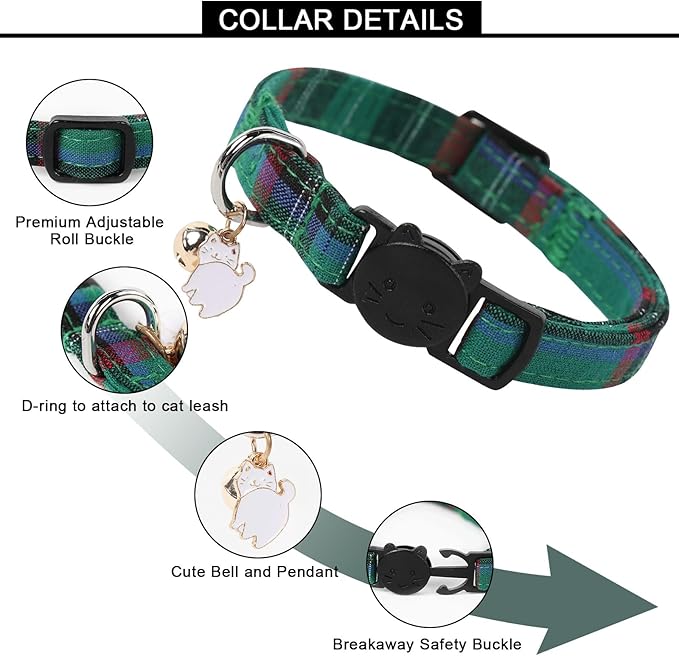 Unique style paws 2 Pack Christmas Kitten Collar Breakaway with Bell & Pendant, Adjustable Safety Cat Cotton Collars for Girl Boy Cats and Small Pets