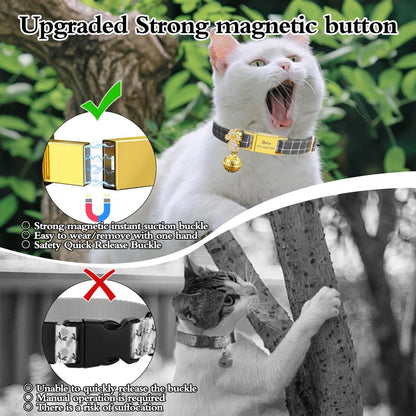 Personalized Breakaway Cat Collars - Magnetic Buckle, Bell - Safety Quick Release, Customized for Girls & Boys Cats- (Checkered-Grey)