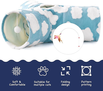 Tempcore Flannel Pet Cat Tunnel Tube Cat Toys 3 Way Collapsible, Cat Tunnels for Indoor Cats, Pet Toys Peek Hole Toy Ball Puppy, Kitty, Kitten, Rabbit, Cloud Blue