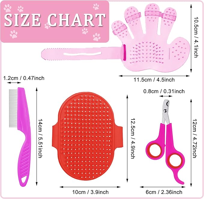 Patelai 4 Pieces Bunny Grooming Kit: Rabbit Nail Clipper, Rabbit Brush, Hair Remover, Shampoo Brush with Adjustable Ring Handle for Rabbits, Hamsters(Pink, Red)