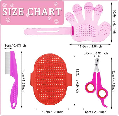Patelai 4 Pieces Bunny Grooming Kit: Rabbit Nail Clipper, Rabbit Brush, Hair Remover, Shampoo Brush with Adjustable Ring Handle for Rabbits, Hamsters(Pink, Red)