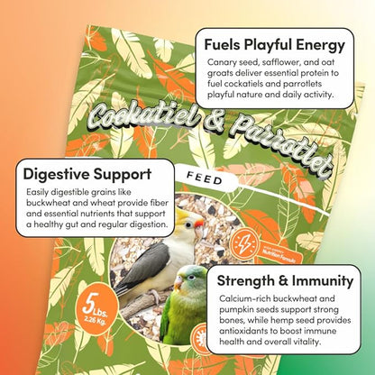 Mycelium Organic Cockatiel & Parrotlet Bird Seed (5 LBS) | Filler-Free Bird Food with Hulled Seeds for Cockatiels & Parrotlets | Supports Daily Energy, Immunity & Digestion | Non-GMO, Made in USA