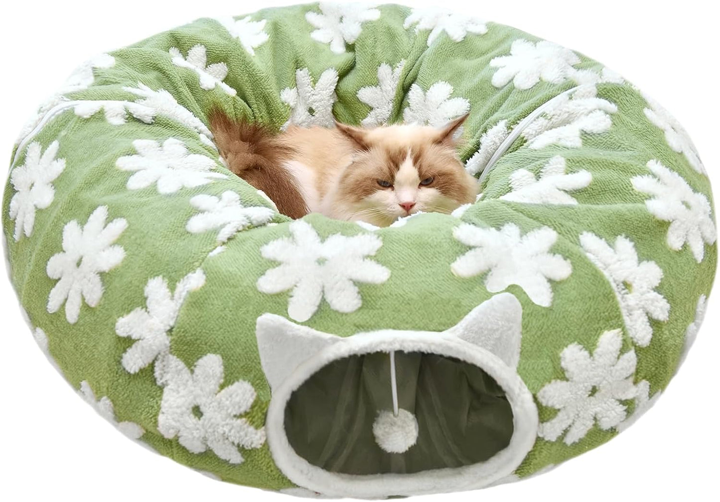 Cat Tunnel Bed for Indoor Cats, Soft Plush Donut Peekaboo Cat Cave, Multifunctional Playground Toy for Small Medium Large Cats, Kittens, Rabbits, Ferrets, with Washable Cushion(Green)