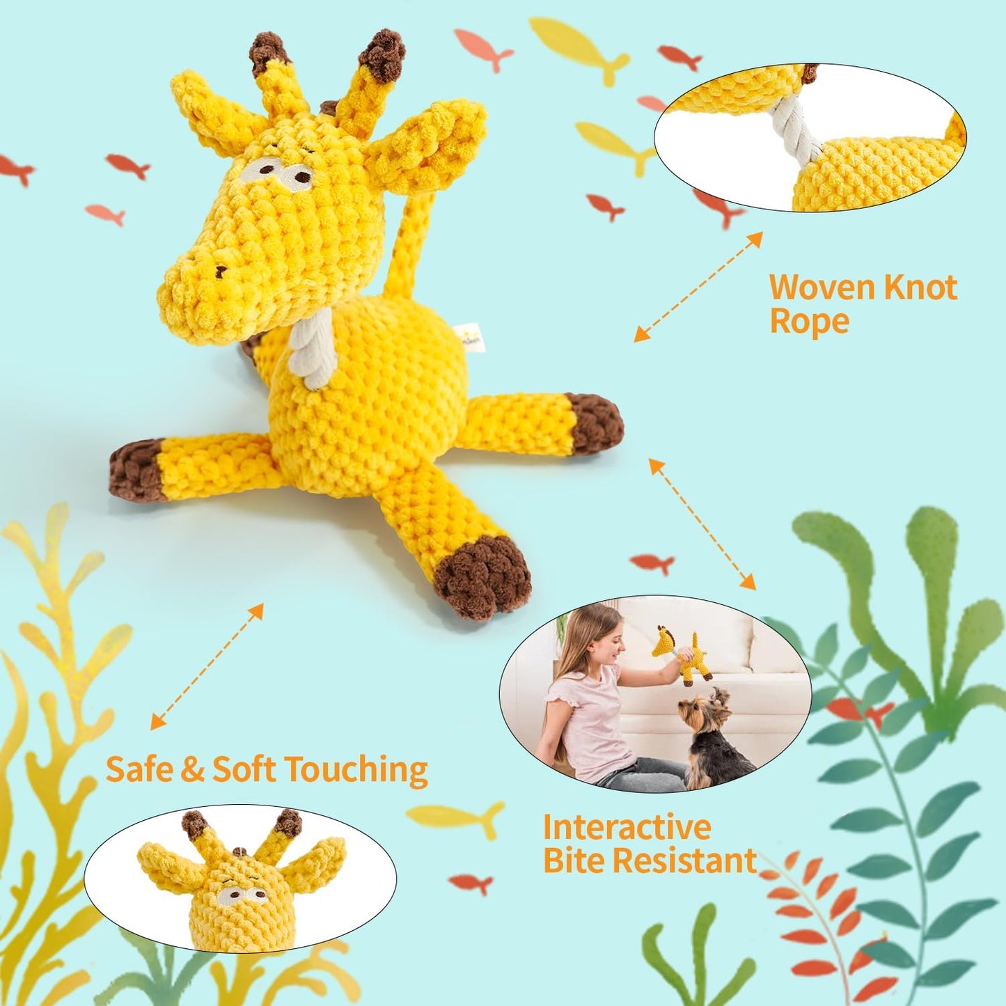 4-Pack Squeaky Dog Toys Set Plush Dog Toy with Rope for Small Medium Dogs Bundle Dog Chew Toys; Giraffe, Elephant, Cow and Dinosaur Interactive Dog Toy Stuffed Animals Toys to Keep Them Busy