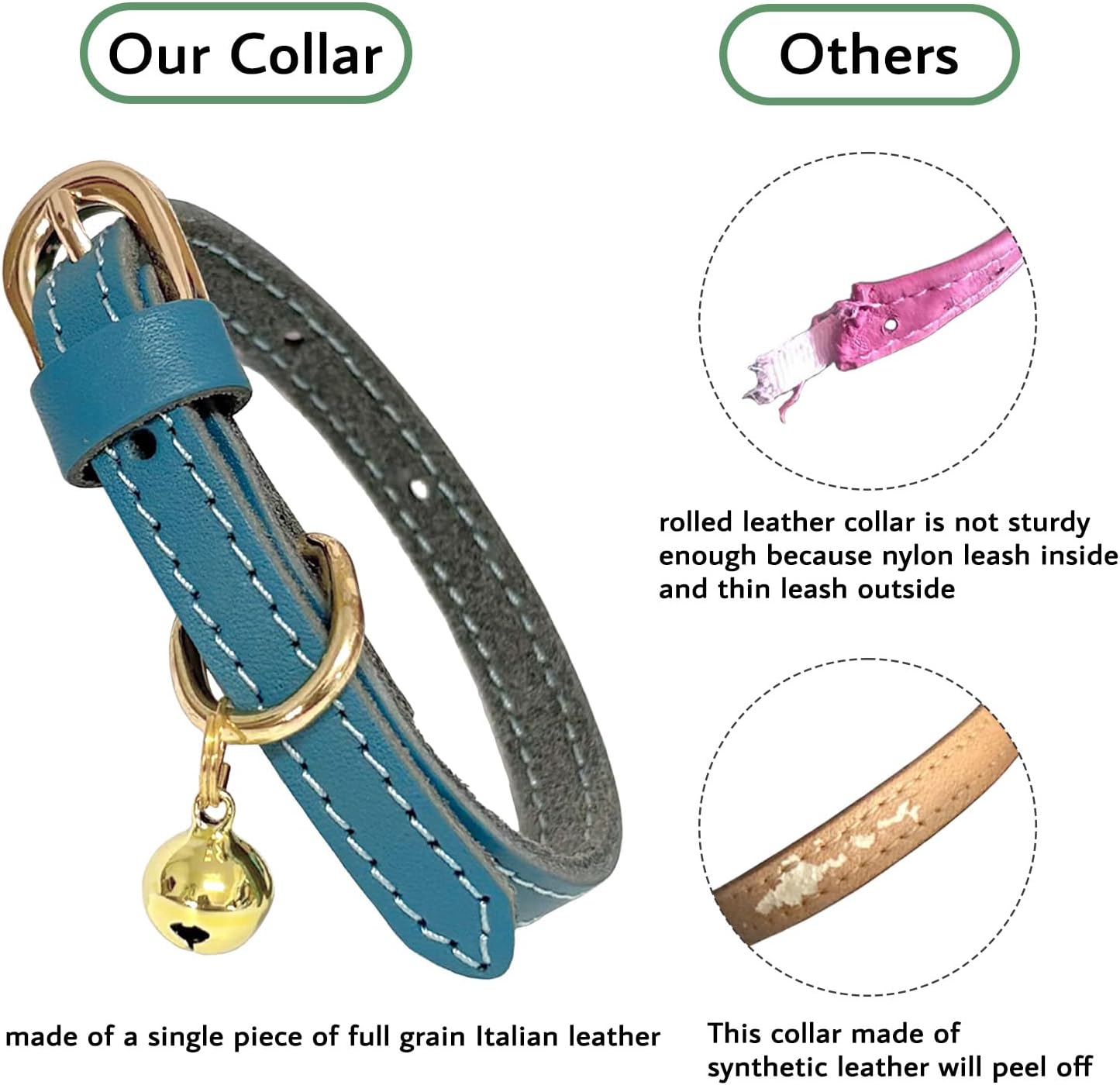 Guiding Star Leather Collar for Puppy, Cute Soft Thin Dogs Collars for Small Medium Dogs, Cat Collar with Bell (Blue, XS, 9"-12")