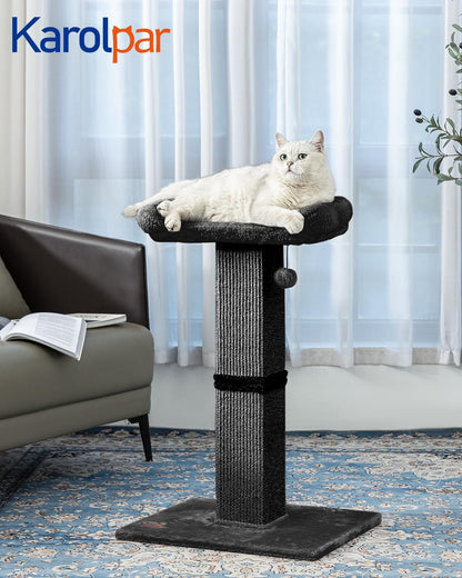 32" Cat Scratching Post for Indoor Cats, Sisal Cat Scratcher with Plush Perch, Large Scratch Post with Bed, Removable Cover, Sisal Fabric,Black