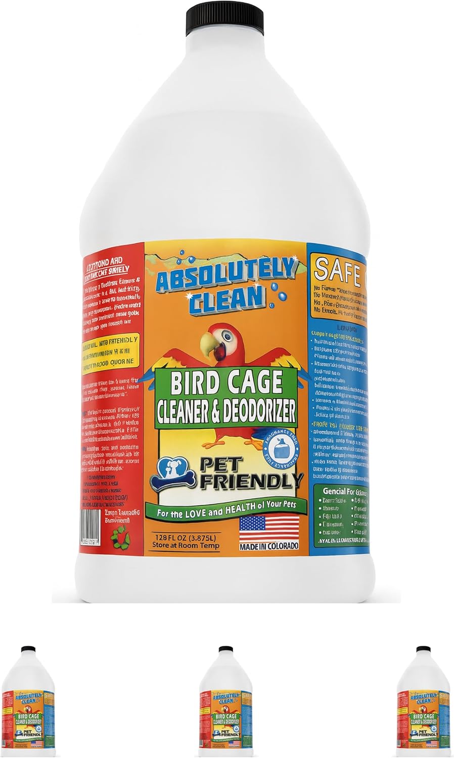 Absolutely Clean Amazing Bird Cage Cleaner and Deodorizer - Just Spray/Wipe - Safely & Easily Removes Bird Messes Quickly and Easily - Made in The US - Fragrance Free - (128oz Pack of 4)