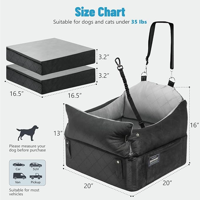 EASTBLUE Dog Car Seat for Small Medium Dogs Up to 35 lbs, 2 Memory Foam Pads Dog Booster Car Seat with Seatbelt, Washable Pet Carseat for Puppy & Cat, Dogs Travel Bed for Cars (Black/Grey)