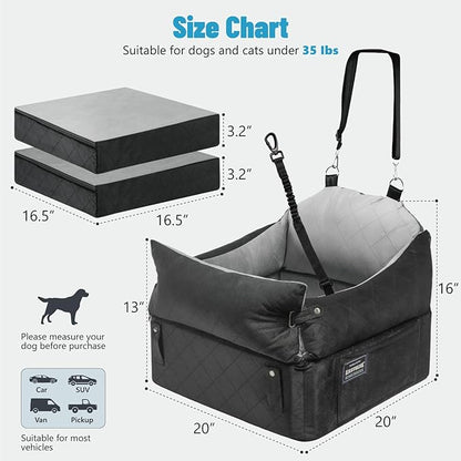 EASTBLUE Dog Car Seat for Small Medium Dogs Up to 35 lbs, 2 Memory Foam Pads Dog Booster Car Seat with Seatbelt, Washable Pet Carseat for Puppy & Cat, Dogs Travel Bed for Cars (Black/Grey)