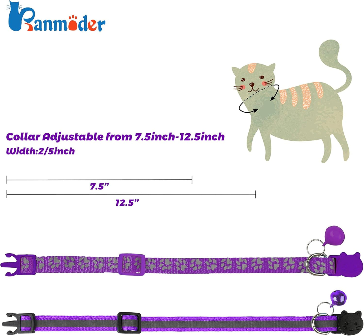 BANMODER 2 Pack Reflective Cat Collar Breakaway with Bell,Personalized Kitten Collars,Adjustable Safety Buckle Collar for Male Cats Girls & Boys (Purple)