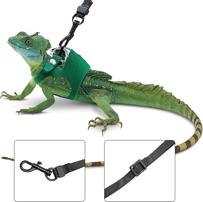 Bearded Dragon Harness and Leash Set, 3 Size Adjustable Soft Leather Reptile Leash, Lizard Harness with Retractable, Small Animal Outdoor Walking Vest with Traction Rope, 3 Pack (Green)