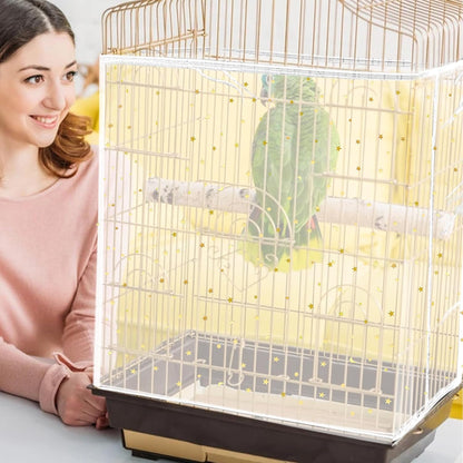 Daoeny Bird Cage Seed Catcher, Large Bird Cage Cover, Adjustable Soft Airy Nylon Mesh Net, Birdcage Cover Skirt Seed Guard for Parrot Parakeet Macaw African Round Square Cages (White, Sequins Star)