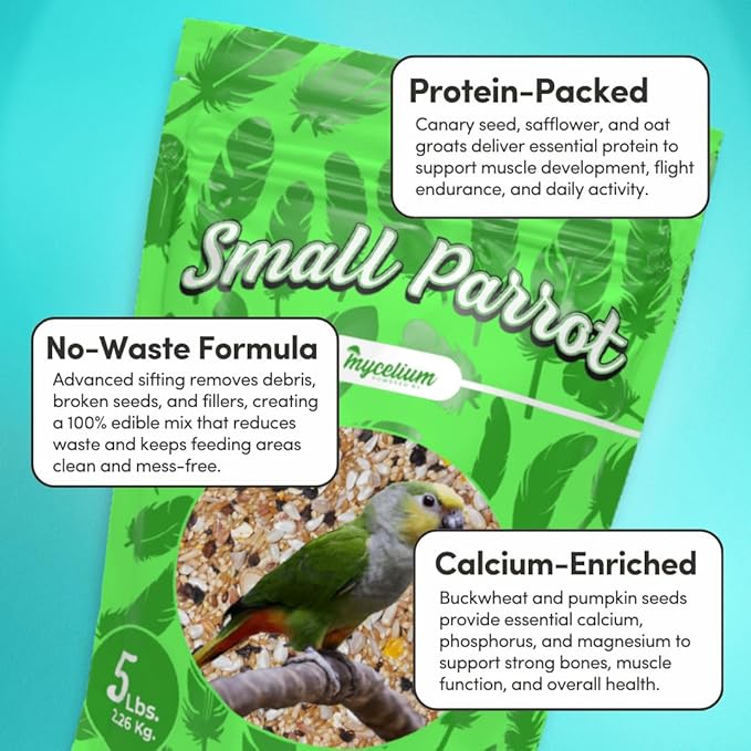 Mycelium Small Parrot Bird Seed | Safe & Clean Food with Corn, Buckwheat, Hulled Sunflower, Hemp Seeds & Millet | Supports Immunity & Digestive Health | Organic & Non-GMO 5 lb Bag