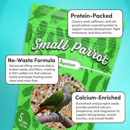 Mycelium Small Parrot Bird Seed | Safe & Clean Food with Corn, Buckwheat, Hulled Sunflower, Hemp Seeds & Millet | Supports Immunity & Digestive Health | Organic & Non-GMO 5 lb Bag