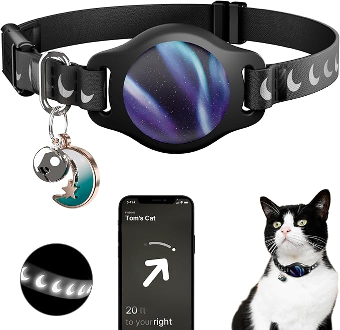 Cat Collar with Airtag Holder, Breakaway Airtag Cat Collar for Apple Air Tag with Luminous & Reflective Pattern, Waterproof GPS Cat Tracker Collars for Boy Girl Cats Kittens with Bell, Black (8-12")