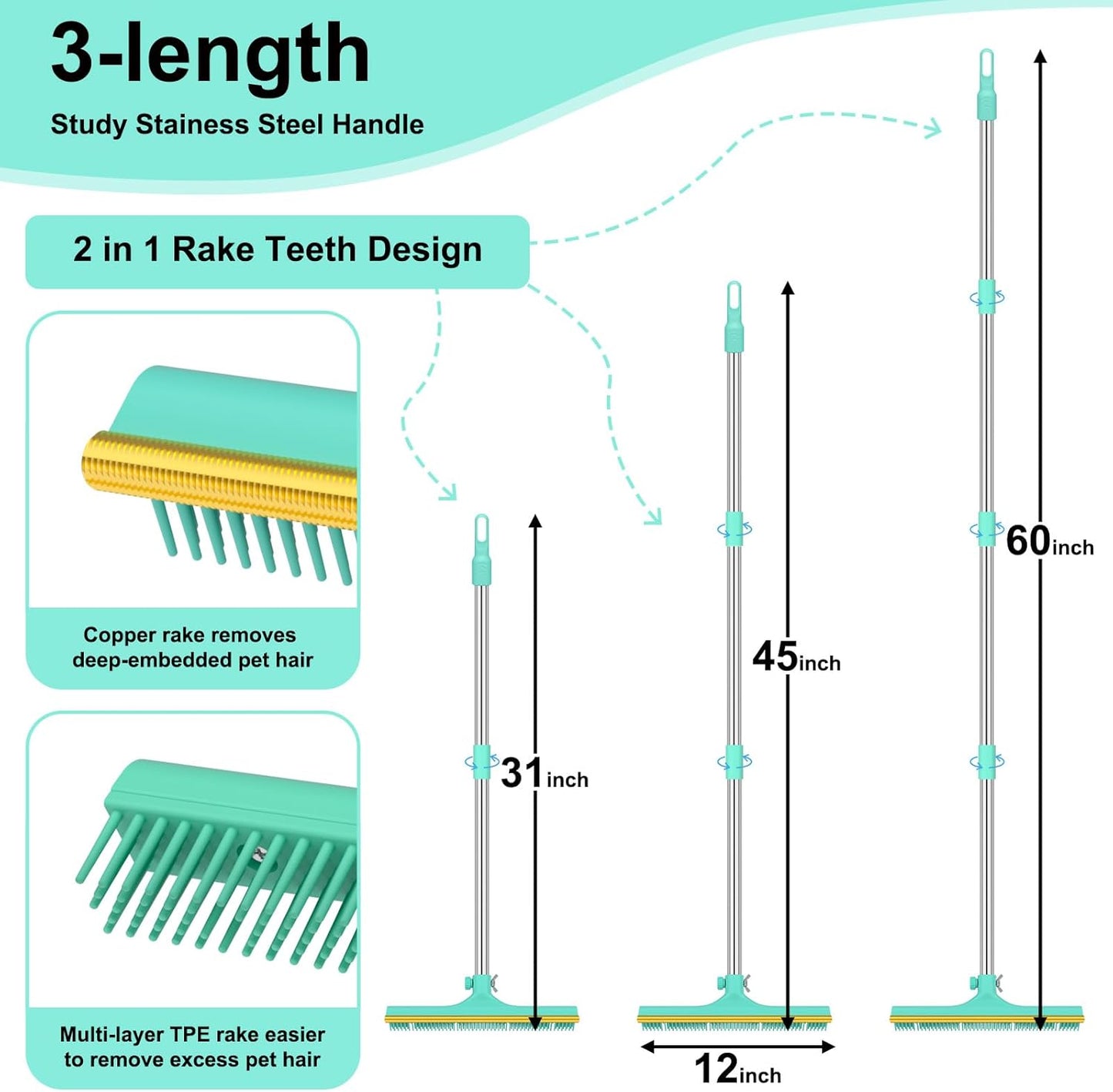 Carpet Rake for Pet Hair Removal - 60" Adjustable Long Handle Carpet Rake, 3 in 1 Reusable Pet Hair Removal Tool Kit, Cat Dog Fur Rakes Scraper Carpet Broom for Carpets, Rugs, Mats