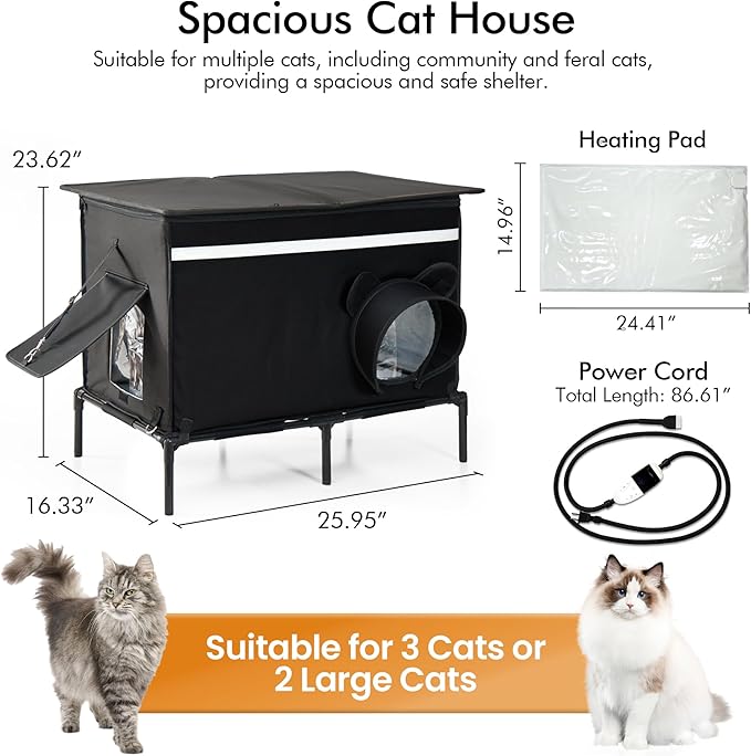 Heated Outdoor cat House for Outside, Weatherproof Insulated Feral Cat Shelter with Timer-Temp Control Heating Pad in Winter, Large Elevated Outdoor Cat House with Zipper, 2 Doors, Safety- Black