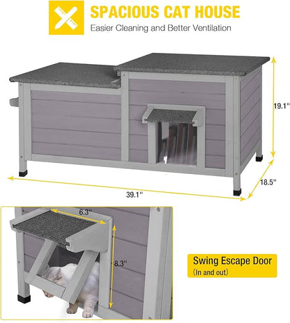 Aivituvin Cat House Outdoor Feral Cat Shelter Weatherproof Cat Condo for Winter Double Rooms Kitty Cage