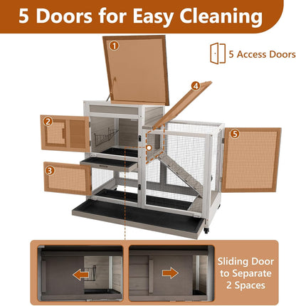 2 Story Rabbit Hutch Indoor with 2 Deeper Pull-Out Trays, Wooden Rabbit Cage with 4 Lockable Wheels, Ramp, Chew-Anti Metal Strip for Rabbit, Guinea Pig, Hamster(40.2" L X 23.2" W X 36.6" H)