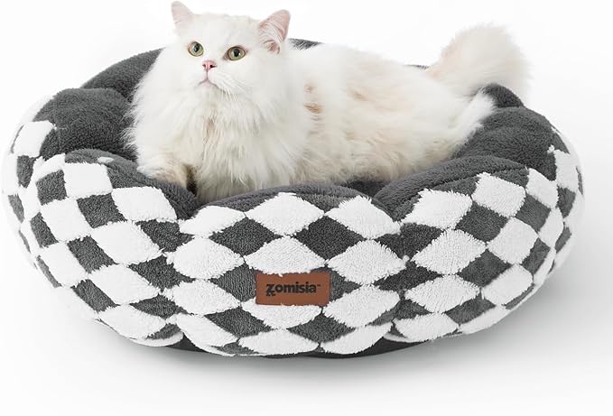 Cat Beds for Indoor Cats, Cute Donut Kitten Beds for Small Dog, Round Plush Bed for Puppy and Large Cats, Anti-Slip Bottom, Grey