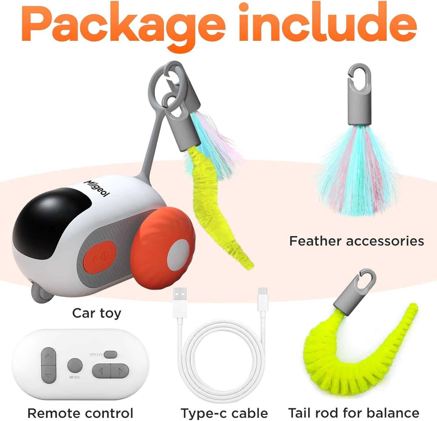 Turbo Tail 3.0 Interactive Cat Toy - Smart Remote Control Electric Mouse with Feathers, 3 Play Modes (Smart/Manual/Standby), Auto Obstacle Avoidance, Type-C, 8H Playtime - Orange (2 PCS)