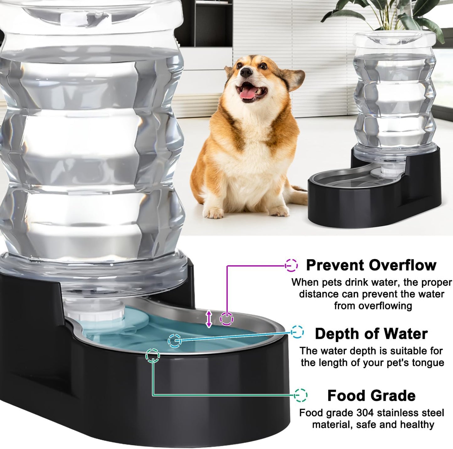 RIZZARI Dog Food Water Dispenser: 7L Automatic Black Large Stainless Steel Waterer with Filter - Gravity Water Feeder - Healthy Hydration for Pets Indoors Outdoors