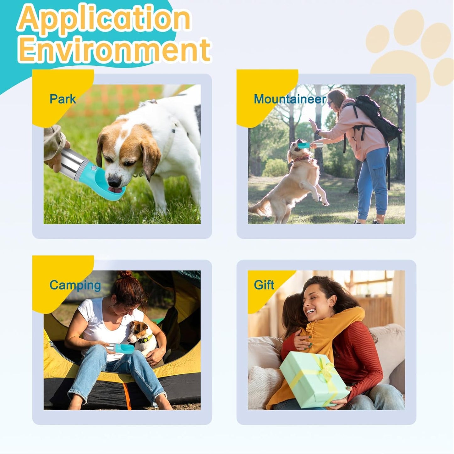 Portable Dog Water Bottle, 14 OZ, Stainless Steel Leak Proof Puppy Water Dispenser with Drinking Feeder for Pets Travel, Walking, Hiking and Outdoor Activities