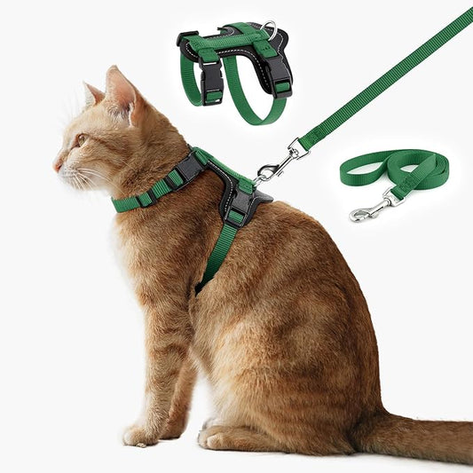 Plutus Pet Adjustable Cat Harness and Leash Set, Quick Release, Escape Proof Nylon Vest with Leather Trim for Kitten, Small Medium Large Cats, Green