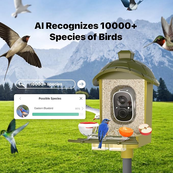 Smart Bird Feeder with Camera, Bird Feeder Camera 2K HD Record Video Live View with Solar Panel, AI Identify Species Auto Capture, Instant Arrival Alerts, Gift for Birds Lover