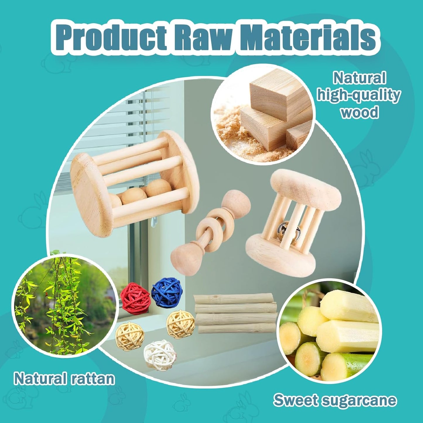 QWR 23 PCS Natural Wooden Rabbit Toys,Safe Bunny Chew Toys for Teeth,Grass Timothy Sticks,Sweet Bamboo,Guinea Pigs Teeth Grinding Toys for Chinchillas, Hamsters & Small Animals - Indoor & Outdoor