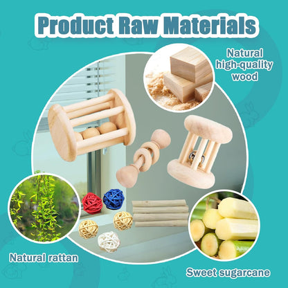 QWR 23 PCS Natural Wooden Rabbit Toys,Safe Bunny Chew Toys for Teeth,Grass Timothy Sticks,Sweet Bamboo,Guinea Pigs Teeth Grinding Toys for Chinchillas, Hamsters & Small Animals - Indoor & Outdoor