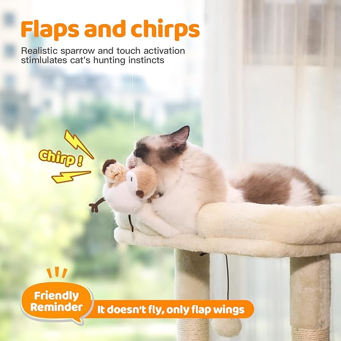 Cat Toys Flapping Bird(No Flying)， Rechargeable Touch-Activated Interactive Toy with Lifelike Chirp for Indoor Cats & Kittens Exercise （Sparrow）