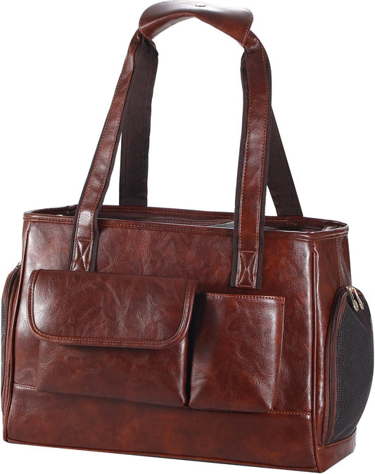 Dog Carrier Purse, Fashion Leather Pet Carrier Bag, Airline Approved Soft Sided Cat Travel Tote Bag with Pockets Coffee