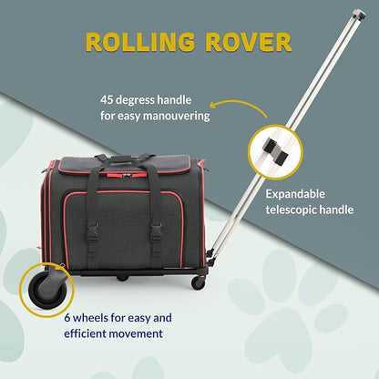 Katziela Rolling Rover Airline Compliant Expandable Premium Pet Carrier 6-Wheeled Baseboard Telescopic Handle Two-Sided Expandable Rolling Carrier Designed (Black- Red Piping)