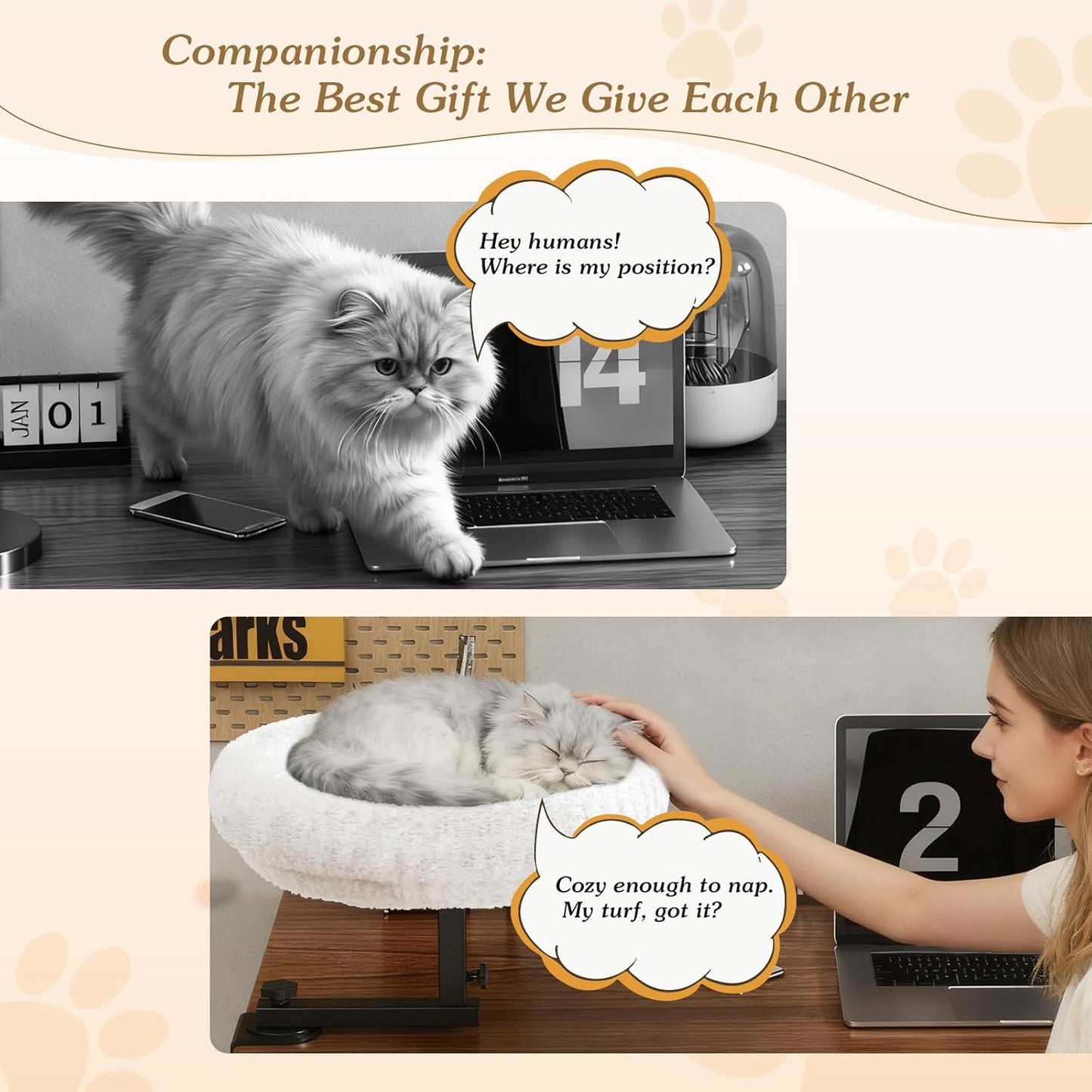 Adjustable Cat Desk Bed, 360° Rotatable Elevated Desk Cat Bed for Home Office, Space-Saving Design Table Supports Up to 60 lbs, Soft Faux Fur Bed with Removable Washable Cover (Beige)